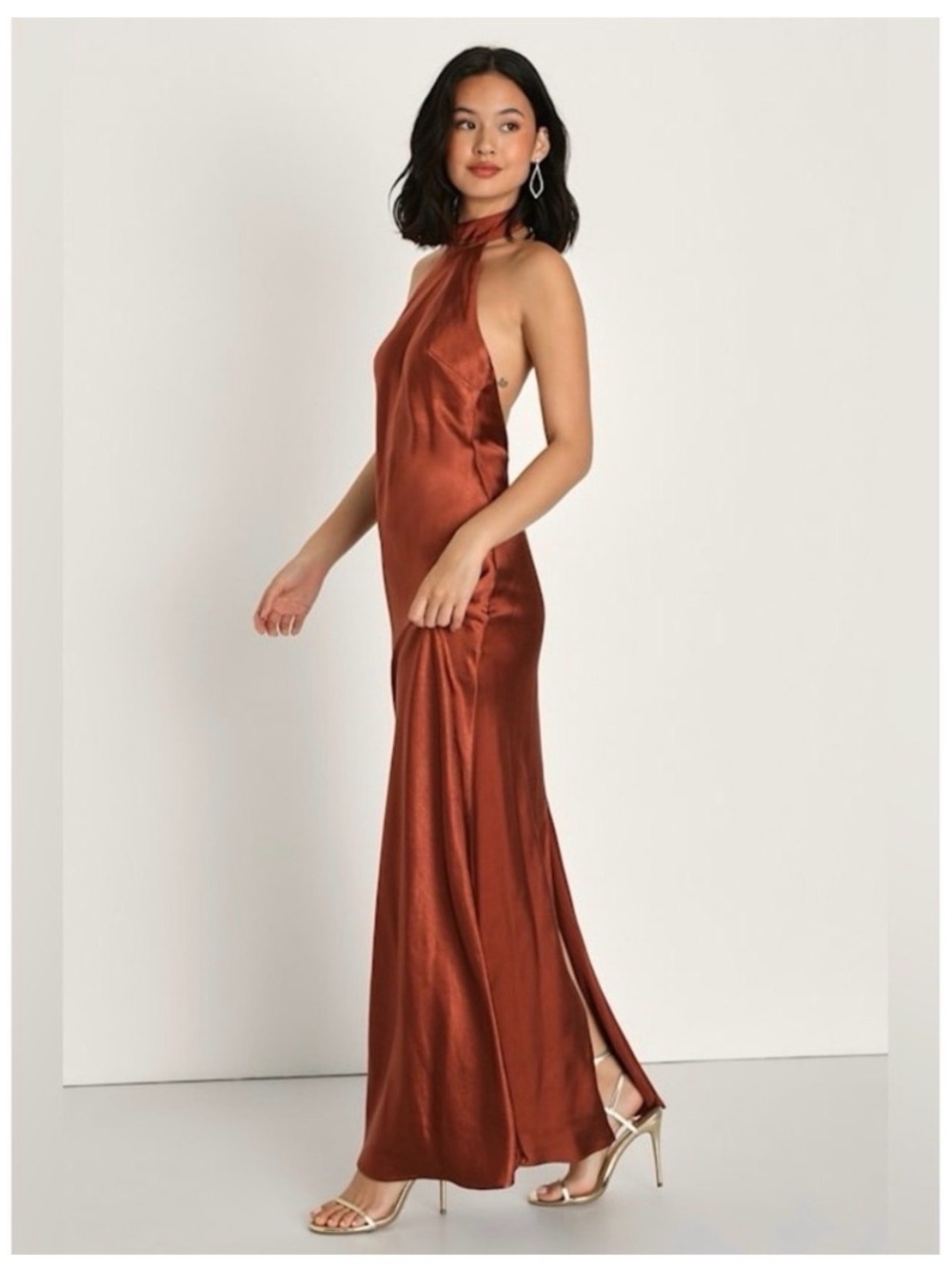 LULUS Copper Satin Halter Neck Open Back Old Money Wedding Guest Slip Dress M - Picture 2 of 6